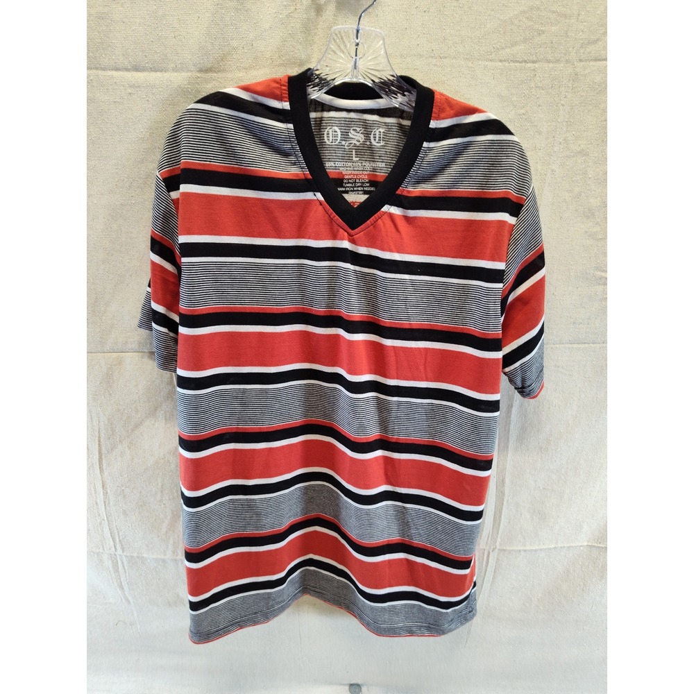 O.S.C. Mens Striped V-Neck T-Shirt Red Black White Short‎ Sleeve Size Large